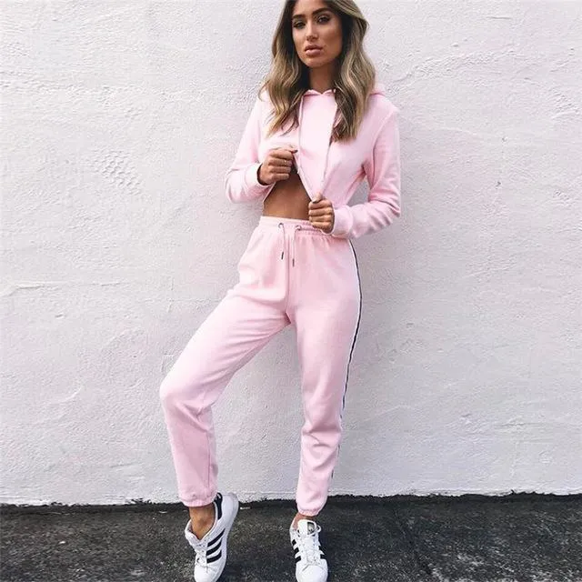 2018 Sexy Women's Tracksuit Cropped Tops Pullover Hoodies Drawstring Pants Patchwork Sport Running Fitness Suits Autumn