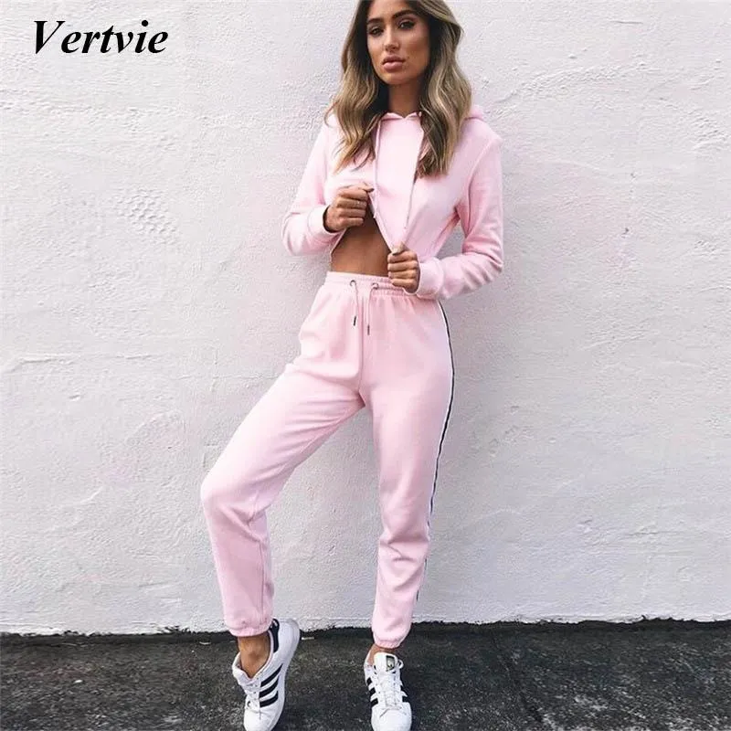 2018 Sexy Women's Tracksuit Cropped Tops Pullover Hoodies Drawstring Pants Patchwork Sport Running Fitness Suits Autumn