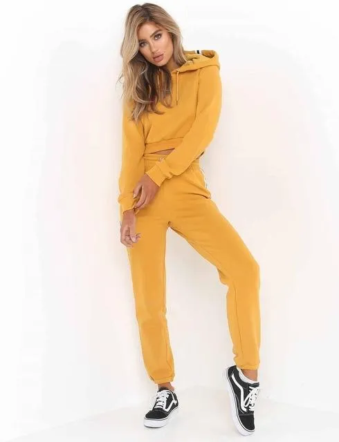 2018 Sexy Women's Tracksuit Cropped Tops Pullover Hoodies Drawstring Pants Patchwork Sport Running Fitness Suits Autumn