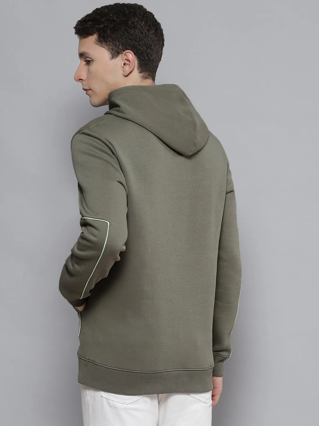 Alcis Men Olive Green & White Printed Hooded Sweatshirt