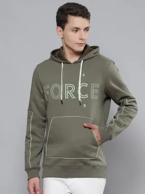 Alcis Men Olive Green & White Printed Hooded Sweatshirt