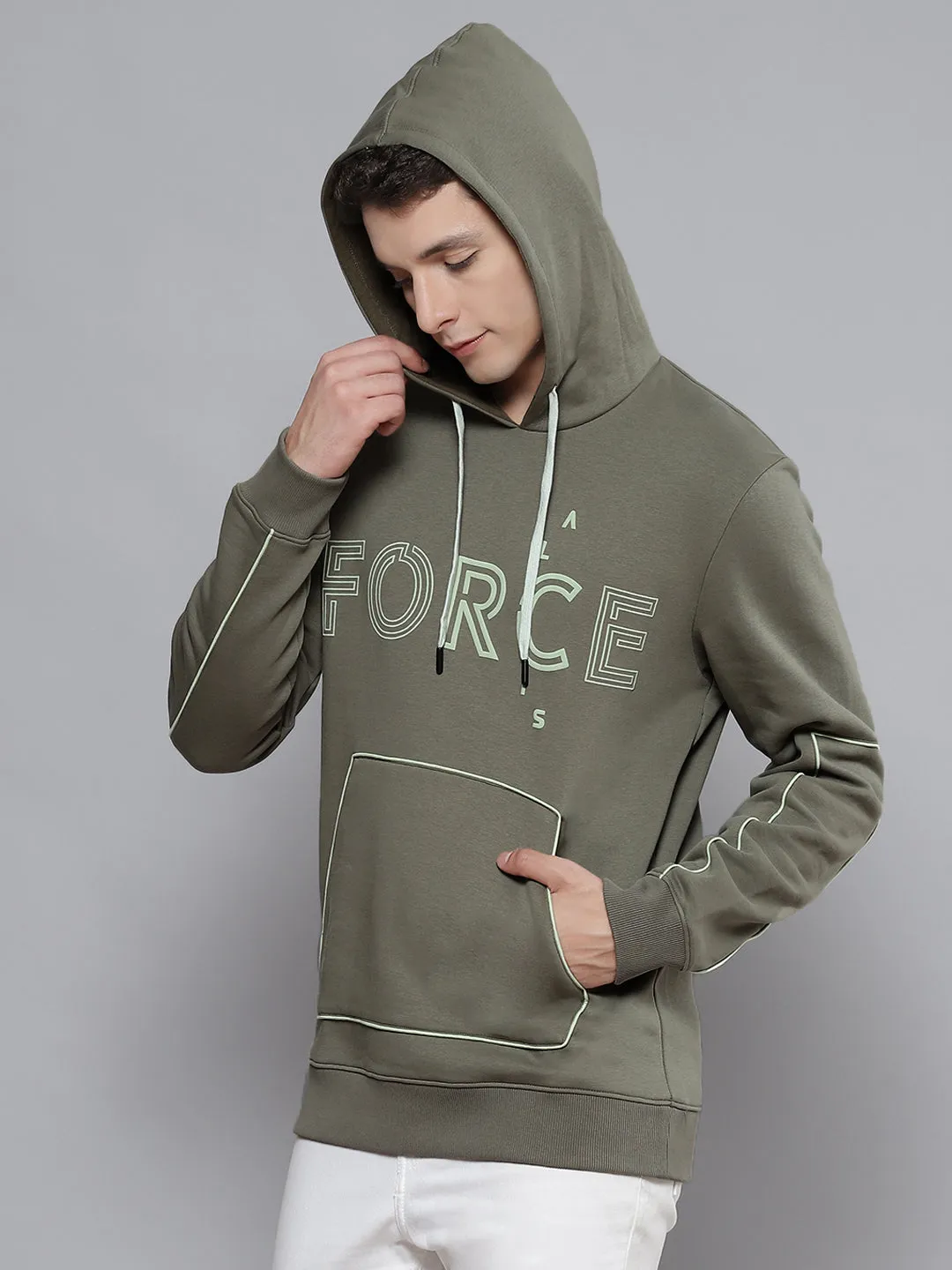 Alcis Men Olive Green & White Printed Hooded Sweatshirt