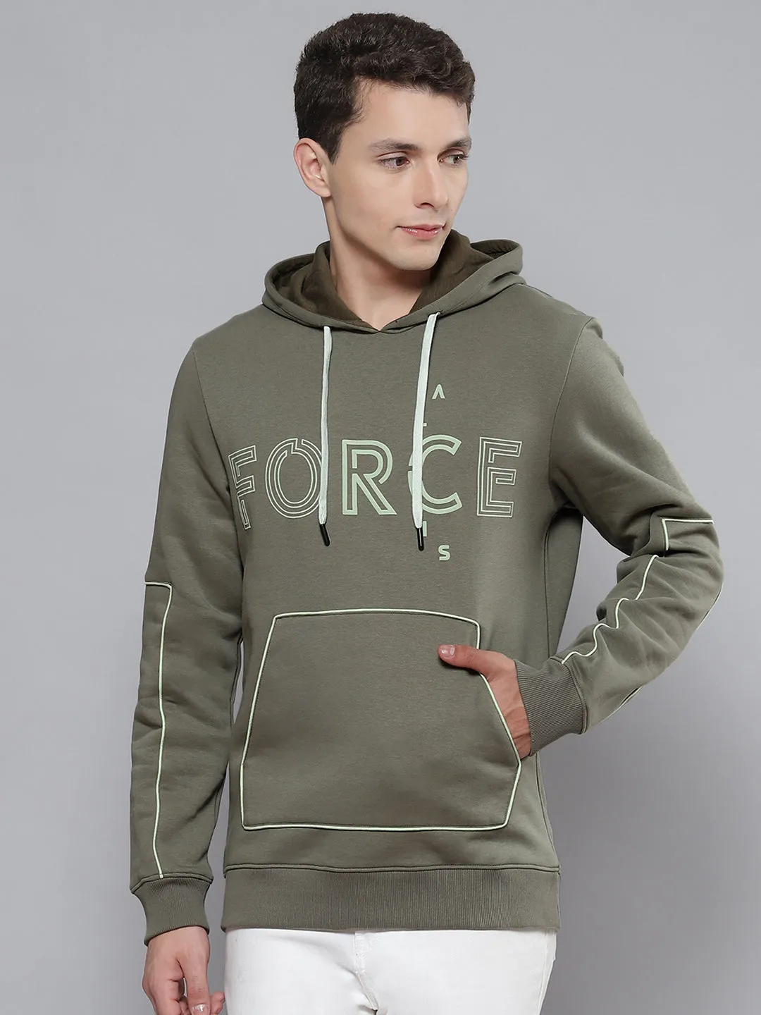 Alcis Men Olive Green & White Printed Hooded Sweatshirt