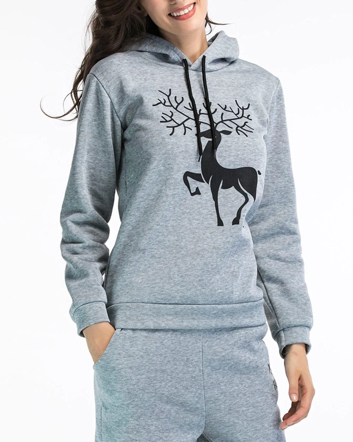 Antlers Print Christmas Hooded Sweatshirts - Grey