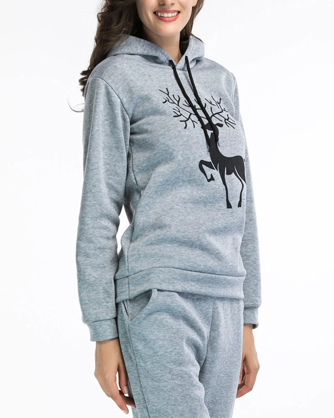 Antlers Print Christmas Hooded Sweatshirts - Grey