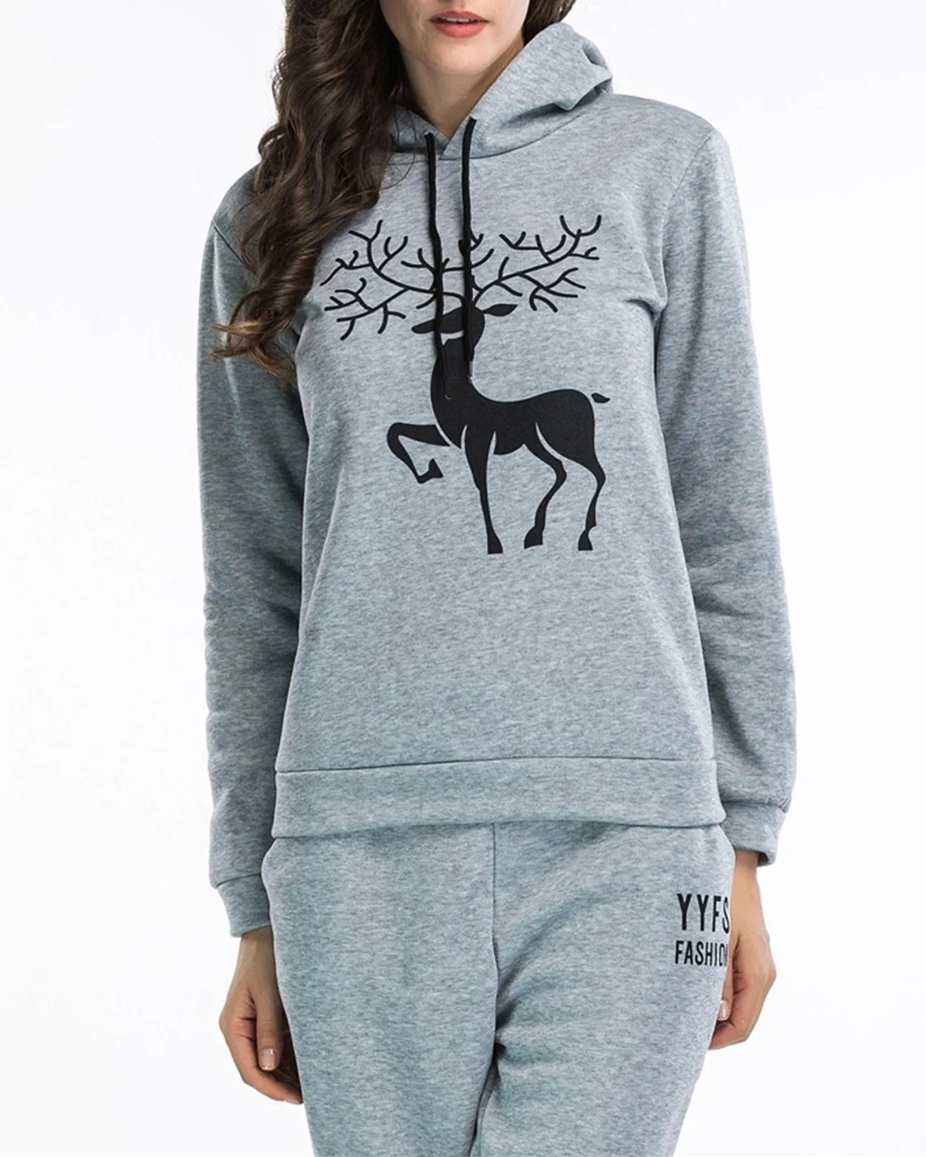 Antlers Print Christmas Hooded Sweatshirts - Grey