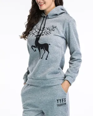 Antlers Print Christmas Hooded Sweatshirts - Grey