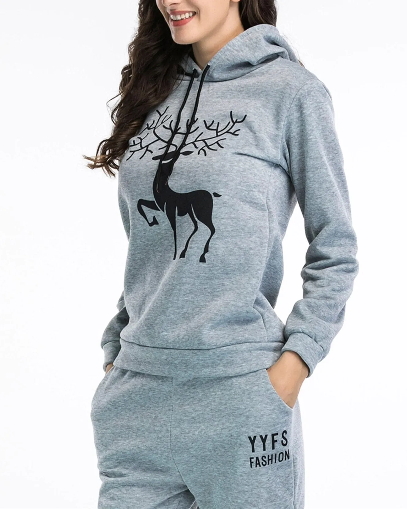 Antlers Print Christmas Hooded Sweatshirts - Grey