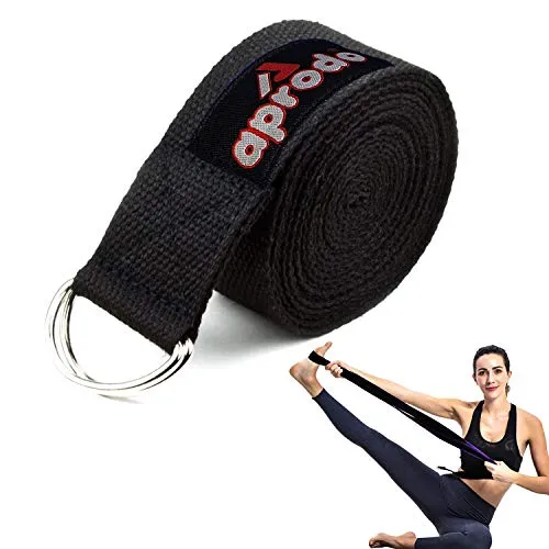 Aprodo Yoga Strap [6/8/10 Feet Size Options] 100% Cotton Straps with Adjustable D-Ring Buckle, Best for Yoga, Body Flexibility & General Fitness, Pack of 1 (Black, 6 Feet (72 Inches))