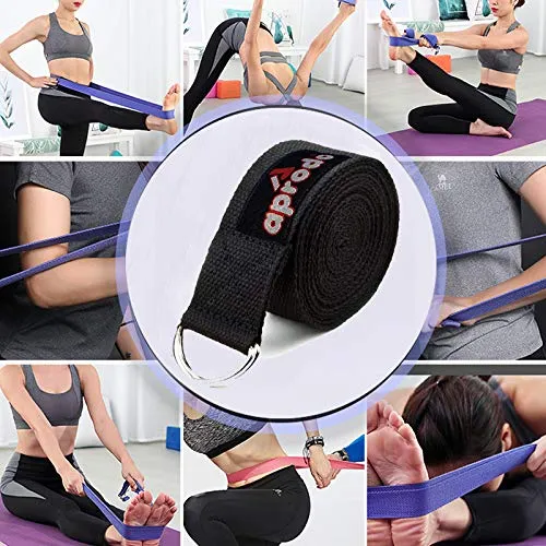 Aprodo Yoga Strap [6/8/10 Feet Size Options] 100% Cotton Straps with Adjustable D-Ring Buckle, Best for Yoga, Body Flexibility & General Fitness, Pack of 1 (Black, 6 Feet (72 Inches))