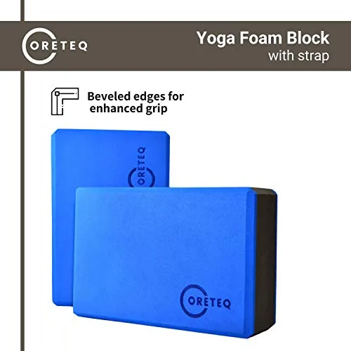 Coreteq High Stability EVA Foam Yoga Block Brick Set of 2 with Yoga Belt Starter Kit (Blue-Black-Blue)