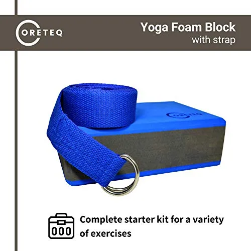 Coreteq High Stability EVA Foam Yoga Block Brick Set of 2 with Yoga Belt Starter Kit (Blue-Black-Blue)