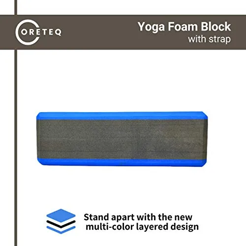 Coreteq High Stability EVA Foam Yoga Block Brick Set of 2 with Yoga Belt Starter Kit (Blue-Black-Blue)