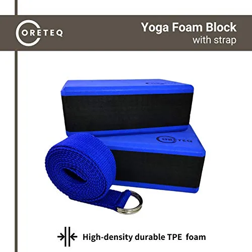 Coreteq High Stability EVA Foam Yoga Block Brick Set of 2 with Yoga Belt Starter Kit (Blue-Black-Blue)