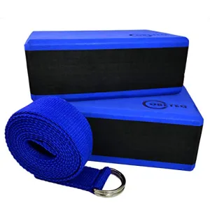 Coreteq High Stability EVA Foam Yoga Block Brick Set of 2 with Yoga Belt Starter Kit (Blue-Black-Blue)