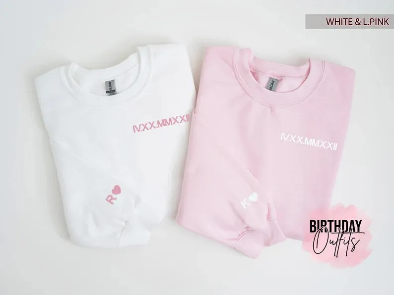 Custom Embroidered Roman Numeral Crewneck, Couples Gifts, Anniversary gift, Matching Couples shirt, Couple Shirt Initial On Sleeve, hoodie