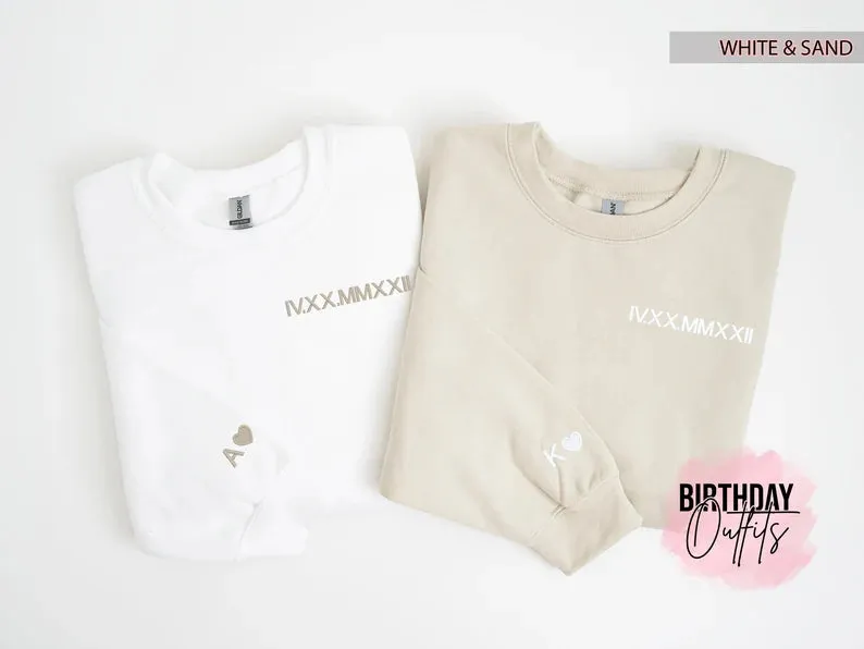 Custom Embroidered Roman Numeral Crewneck, Couples Gifts, Anniversary gift, Matching Couples shirt, Couple Shirt Initial On Sleeve, hoodie