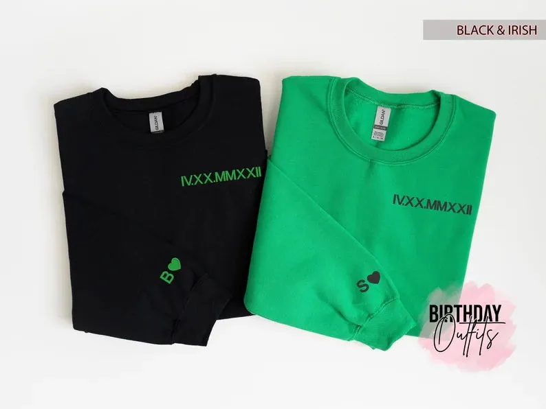 Custom Embroidered Roman Numeral Crewneck, Couples Gifts, Anniversary gift, Matching Couples shirt, Couple Shirt Initial On Sleeve, hoodie