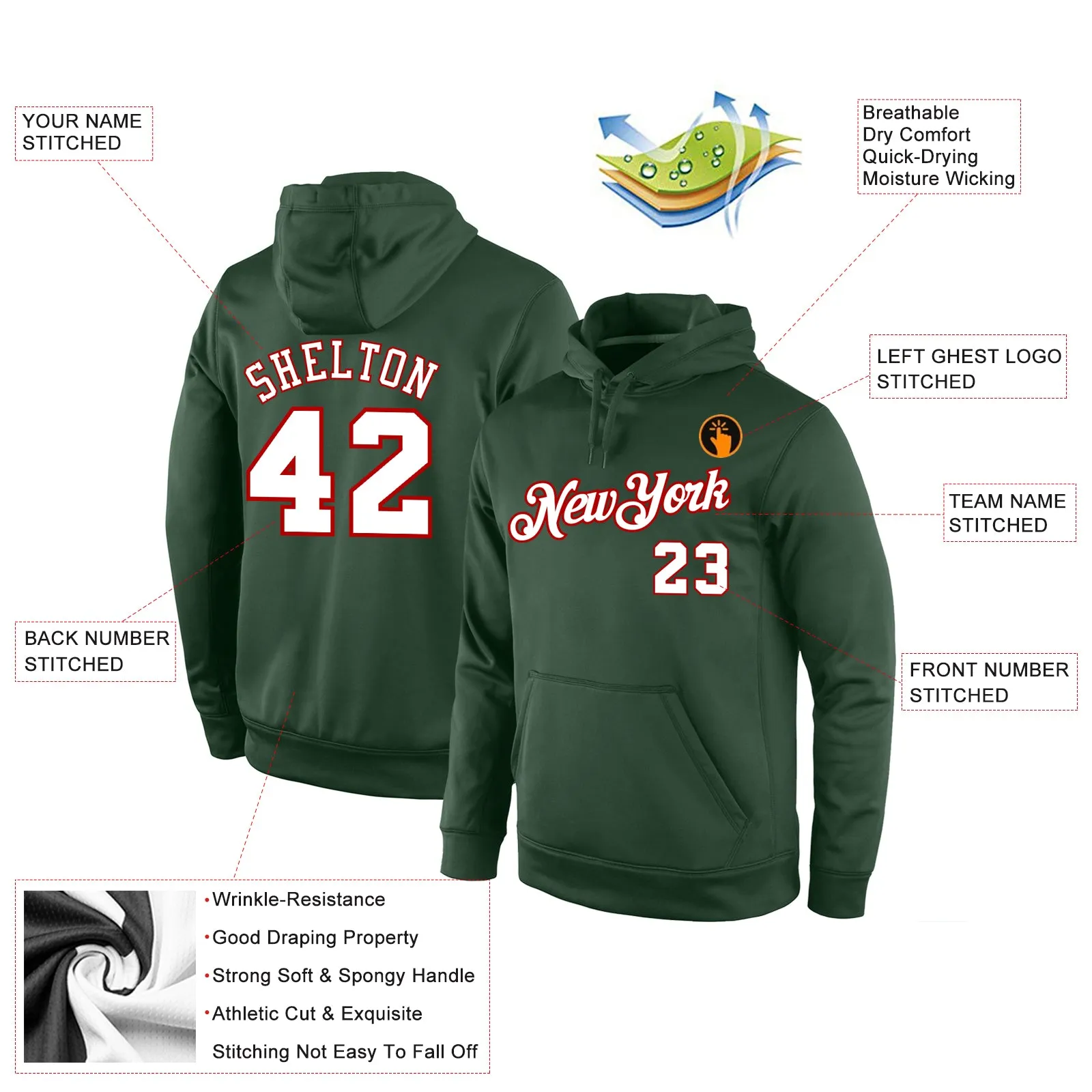 Custom Stitched Green White-Red Sports Pullover Sweatshirt Hoodie