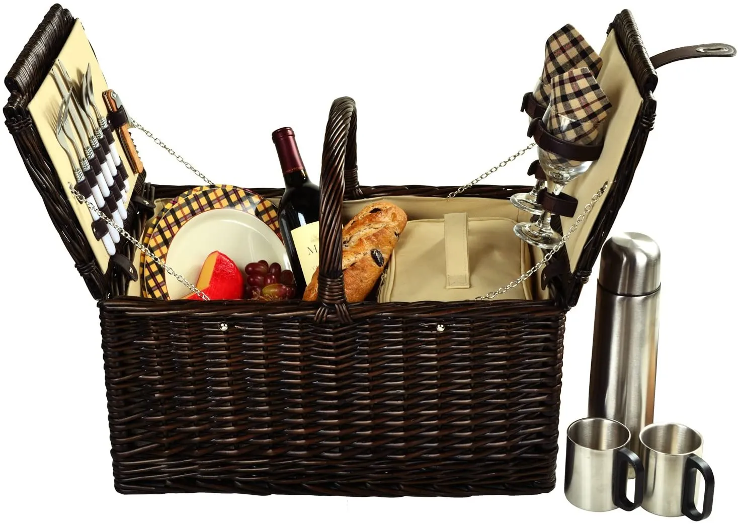 (D) Surrey Picnic Basket for 2 with Coffee Set for Outdoor (Brown)