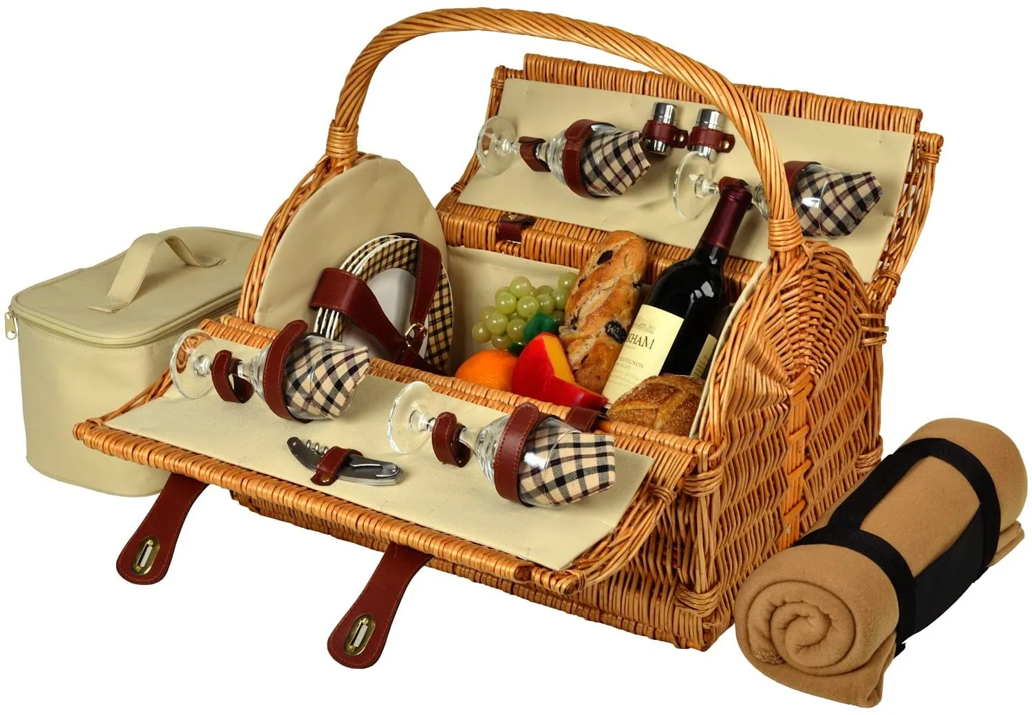 (D) York Picnic Basket for 4 with Blanket, Backpack Bag for Outdoor (Brown)