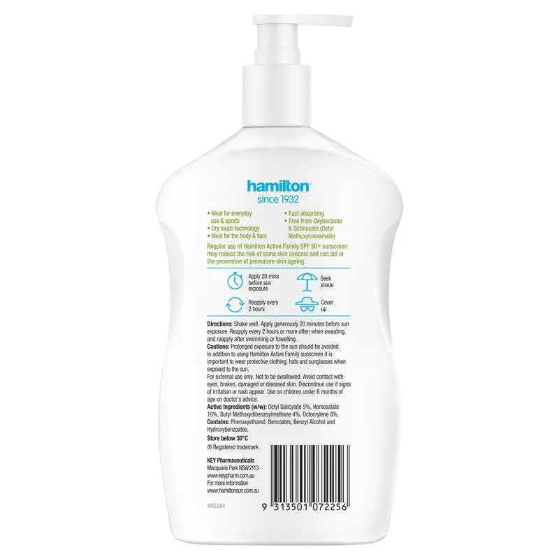 [Expiry: 02/2026] Hamilton SunScreen SPF 50  Active Family Lotion 500mL