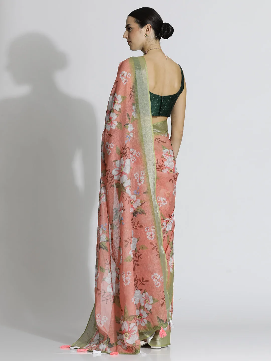 Floral Printed Daily Wear Pure Linen Beige Saree