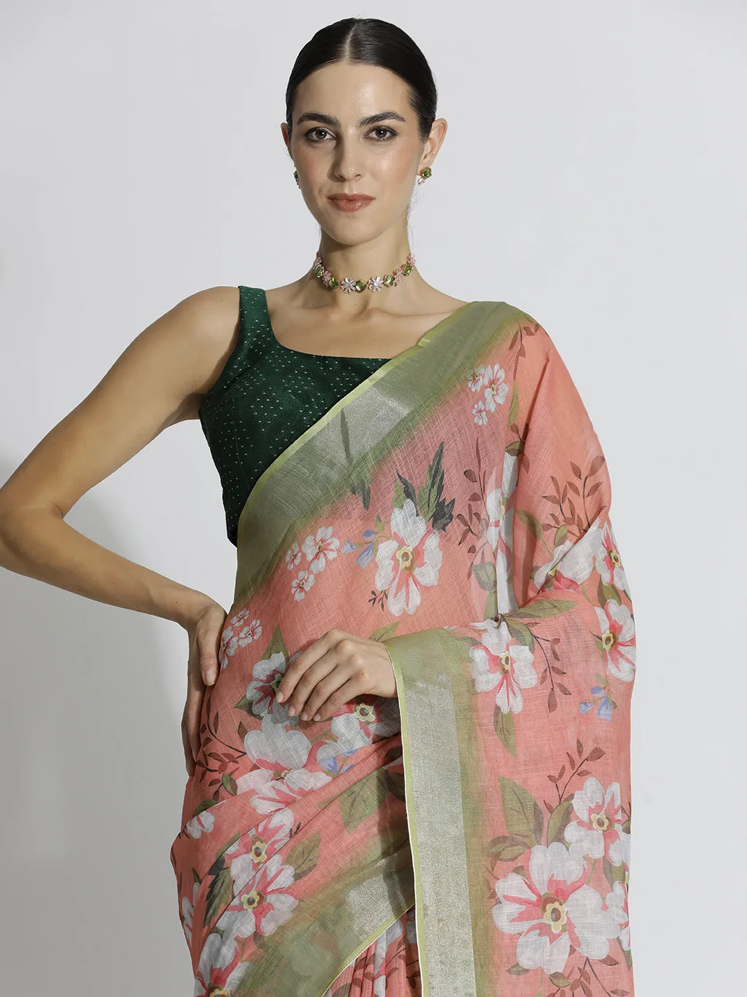 Floral Printed Daily Wear Pure Linen Beige Saree