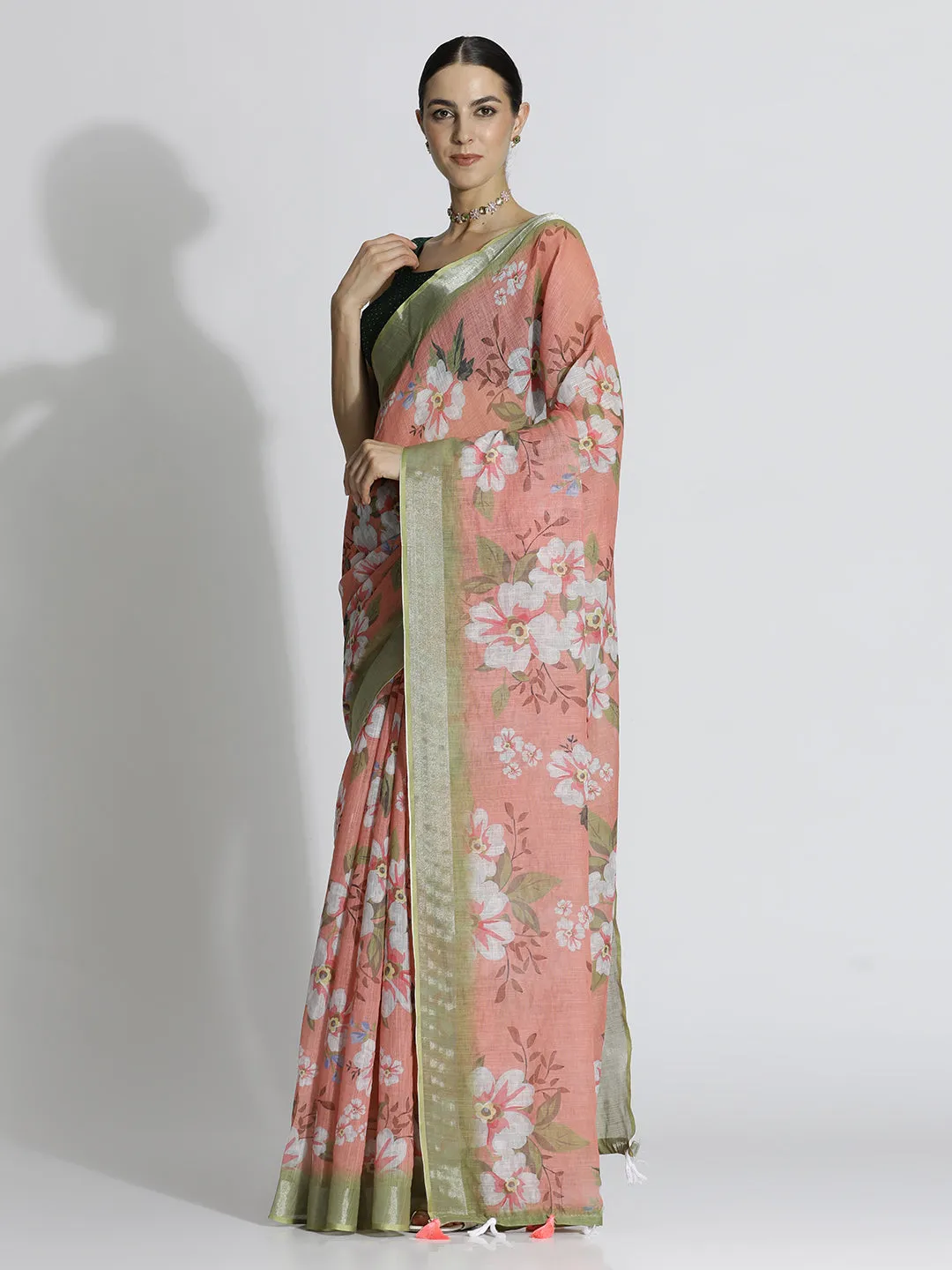 Floral Printed Daily Wear Pure Linen Beige Saree