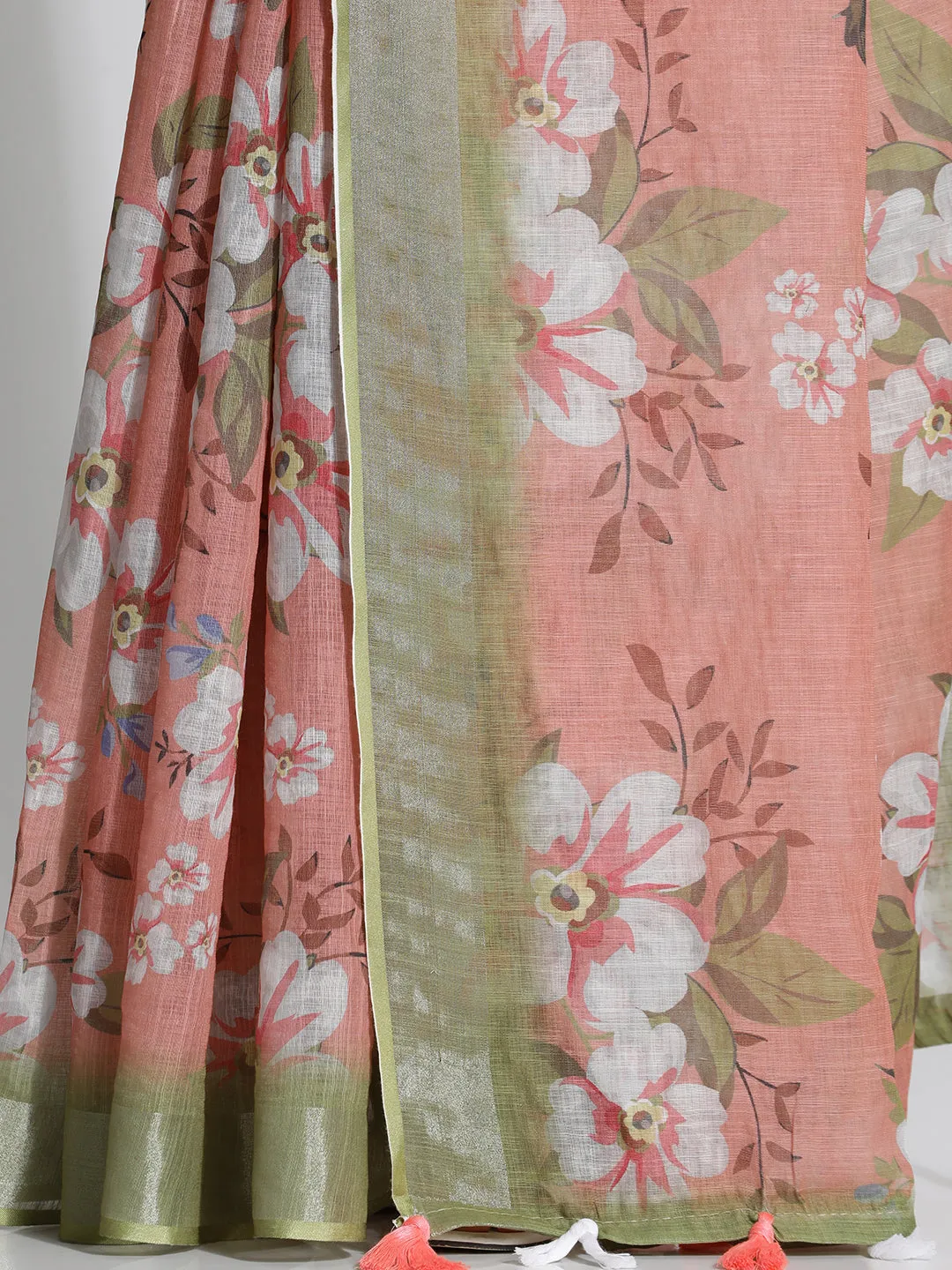 Floral Printed Daily Wear Pure Linen Beige Saree
