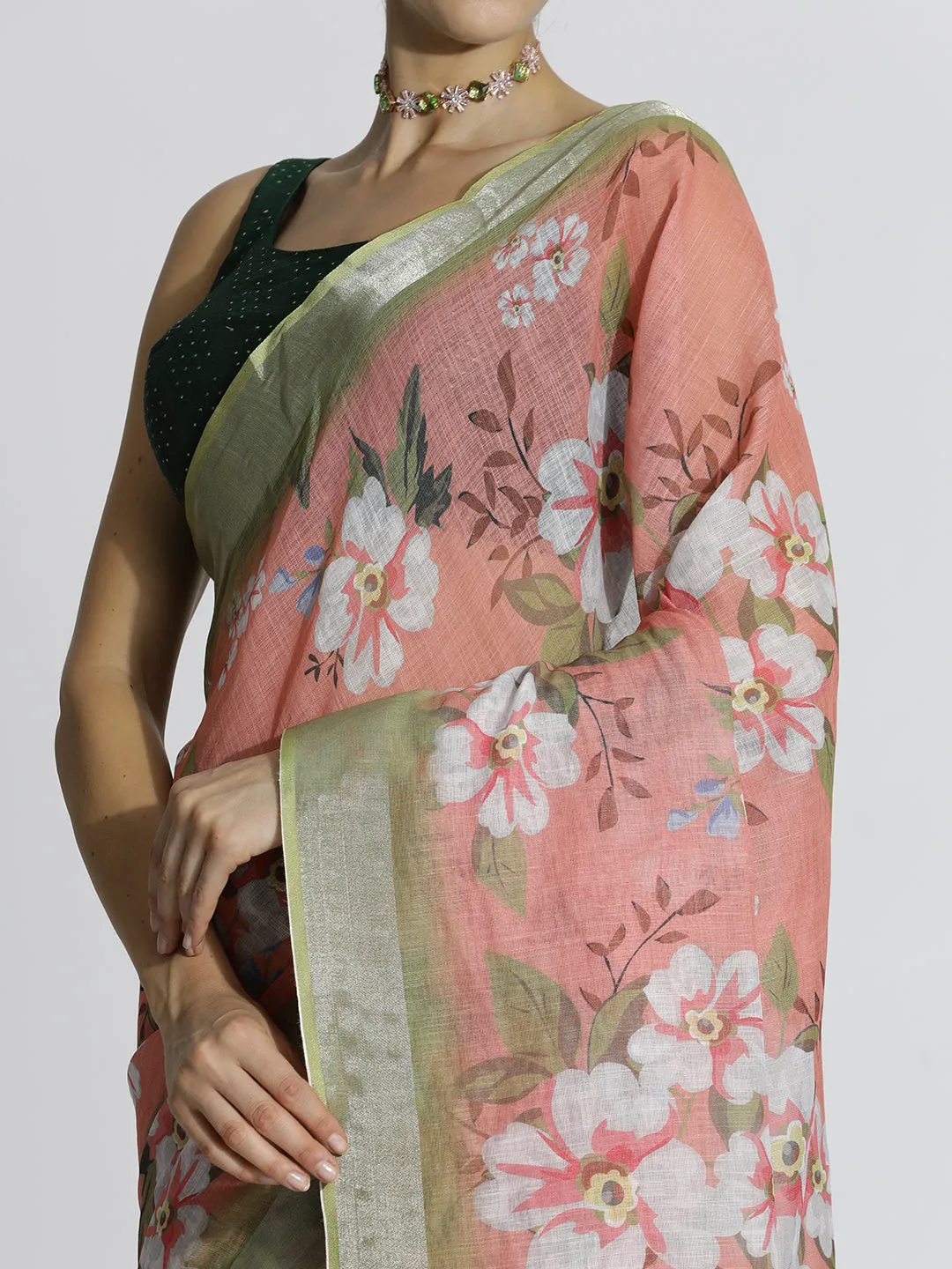 Floral Printed Daily Wear Pure Linen Beige Saree