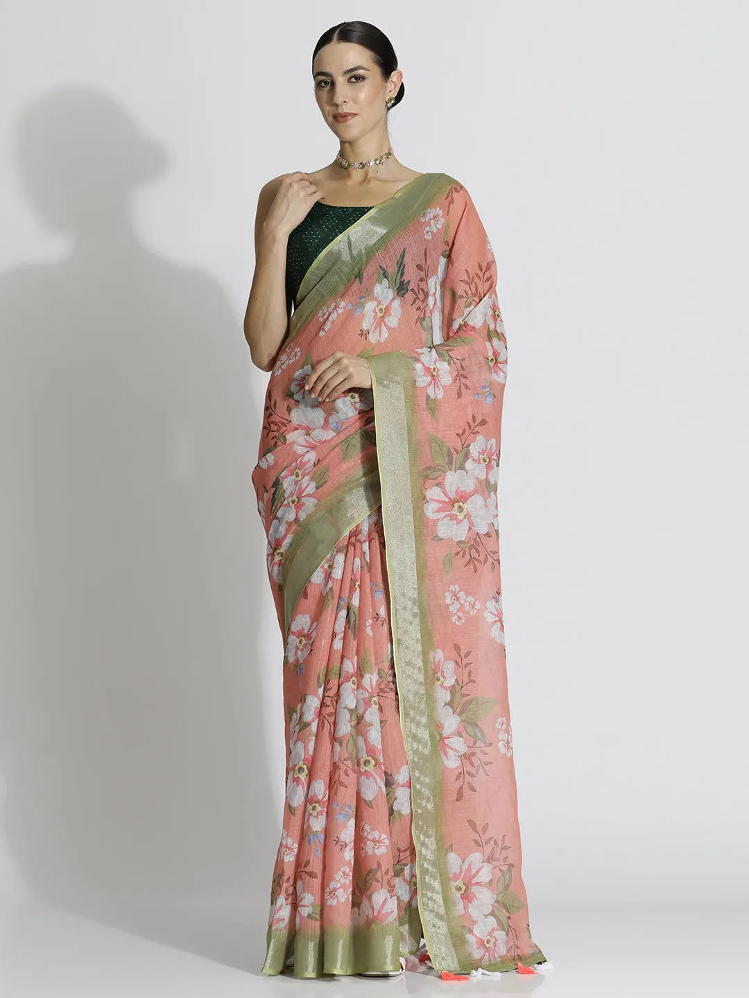 Floral Printed Daily Wear Pure Linen Beige Saree