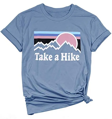 HDLTE Women Casual Tee Take A Hike Letters Printed Round Neck Short Sleeve T-Shirt (Blue, XL)