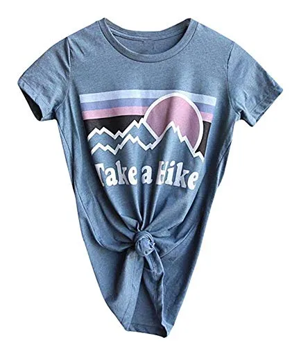 HDLTE Women Casual Tee Take A Hike Letters Printed Round Neck Short Sleeve T-Shirt (Blue, XL)