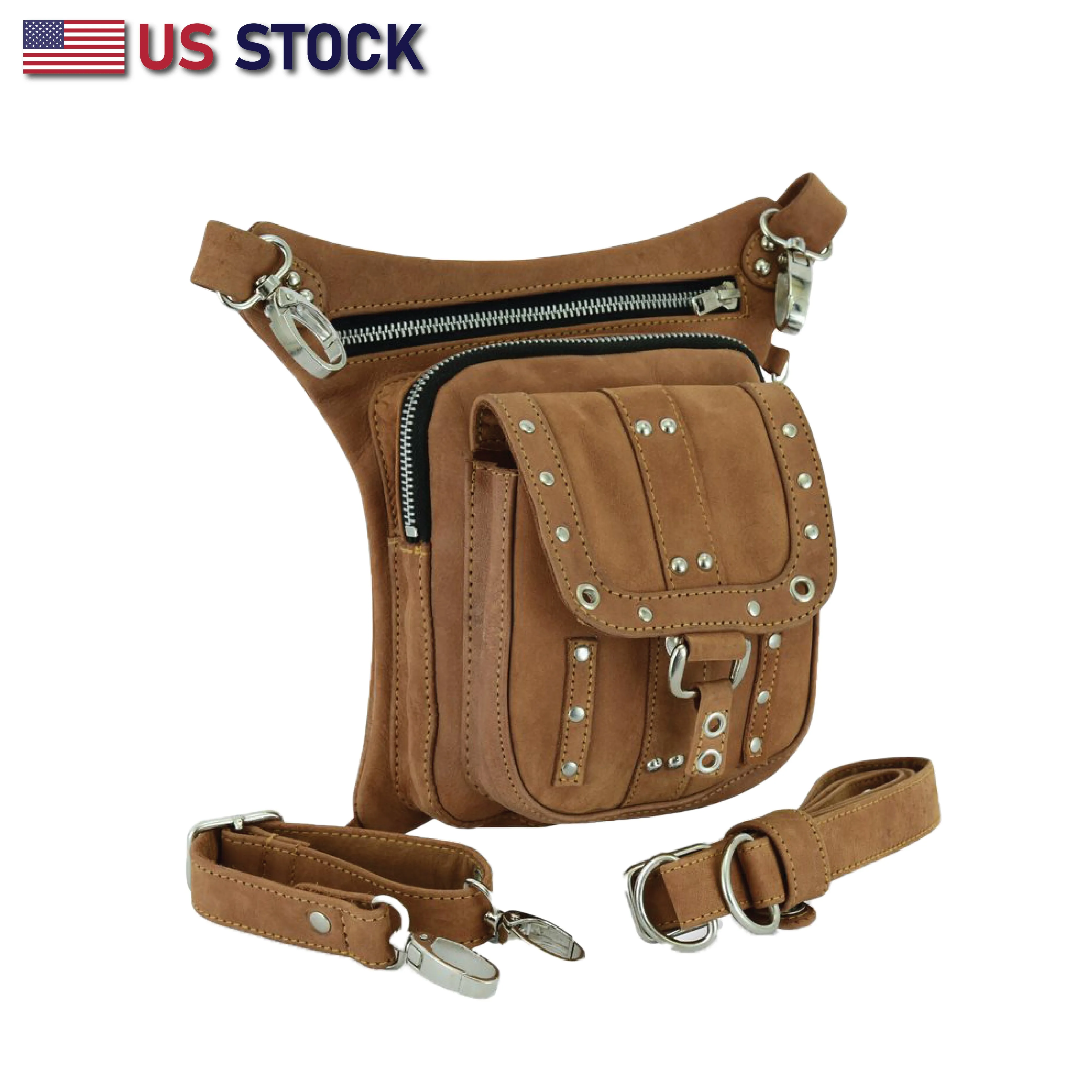 HL80197TAN LEATHER Thigh Drop Leg Bag Gun Holster Bag Waist Bag Fanny Pack Messenger Bag