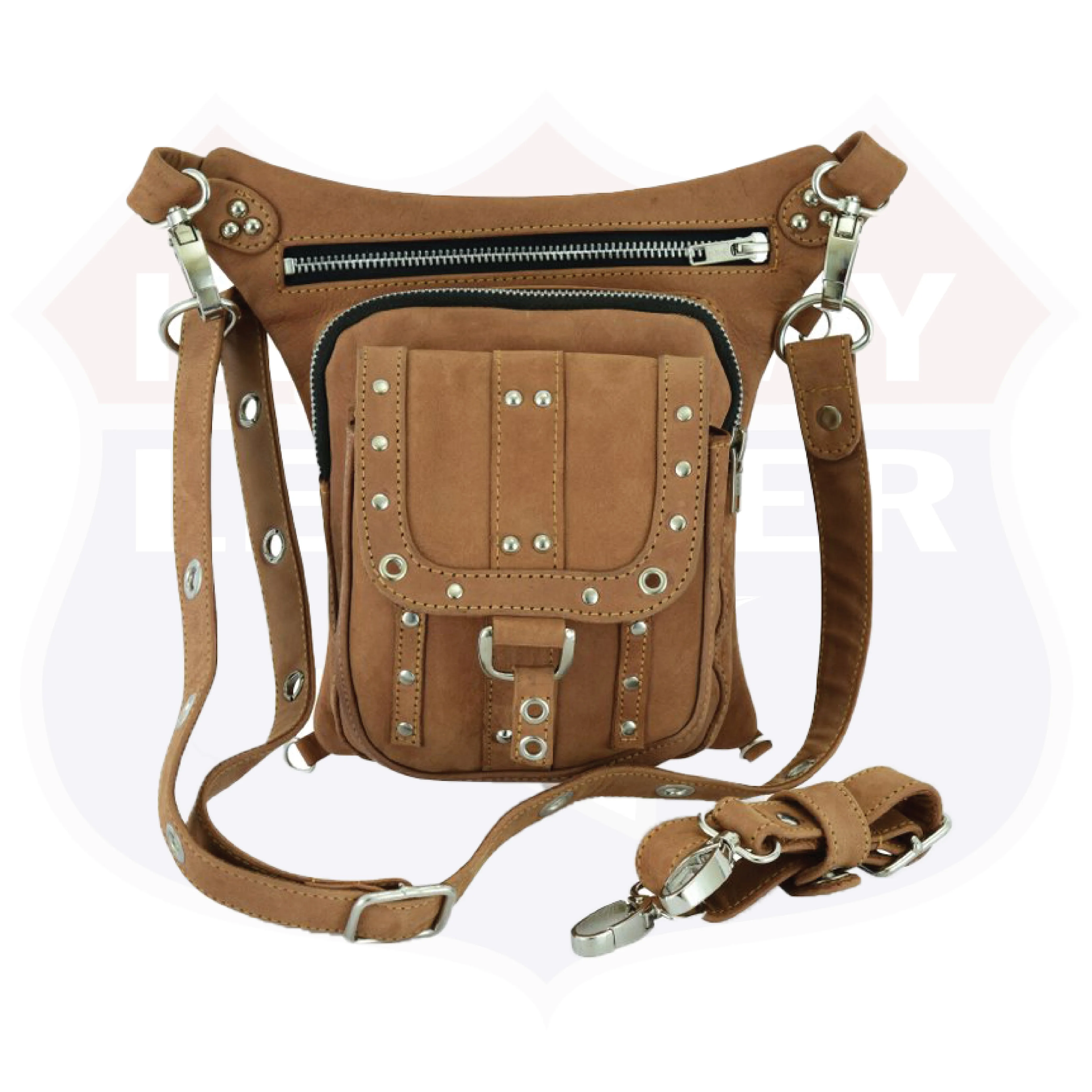 HL80197TAN LEATHER Thigh Drop Leg Bag Gun Holster Bag Waist Bag Fanny Pack Messenger Bag