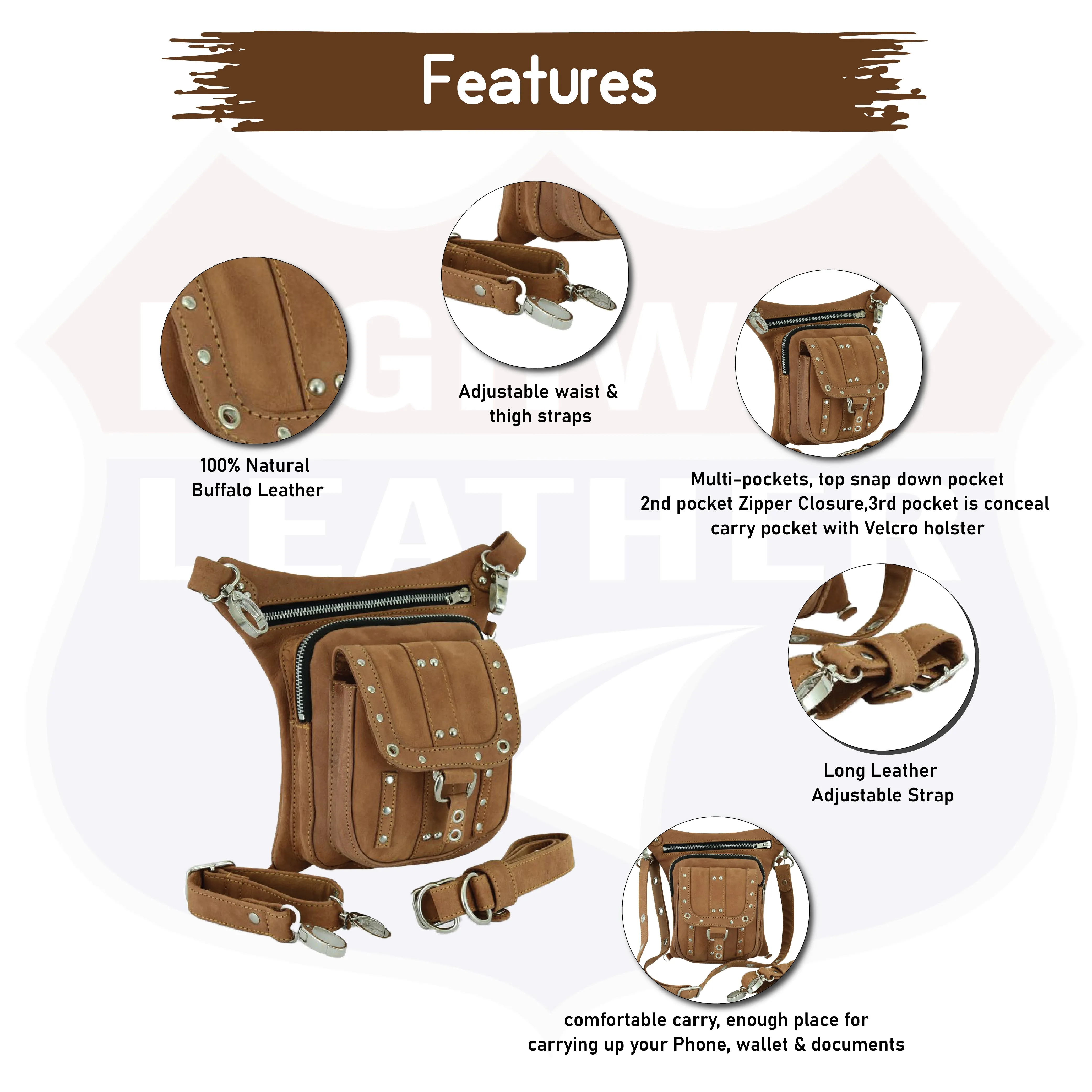 HL80197TAN LEATHER Thigh Drop Leg Bag Gun Holster Bag Waist Bag Fanny Pack Messenger Bag