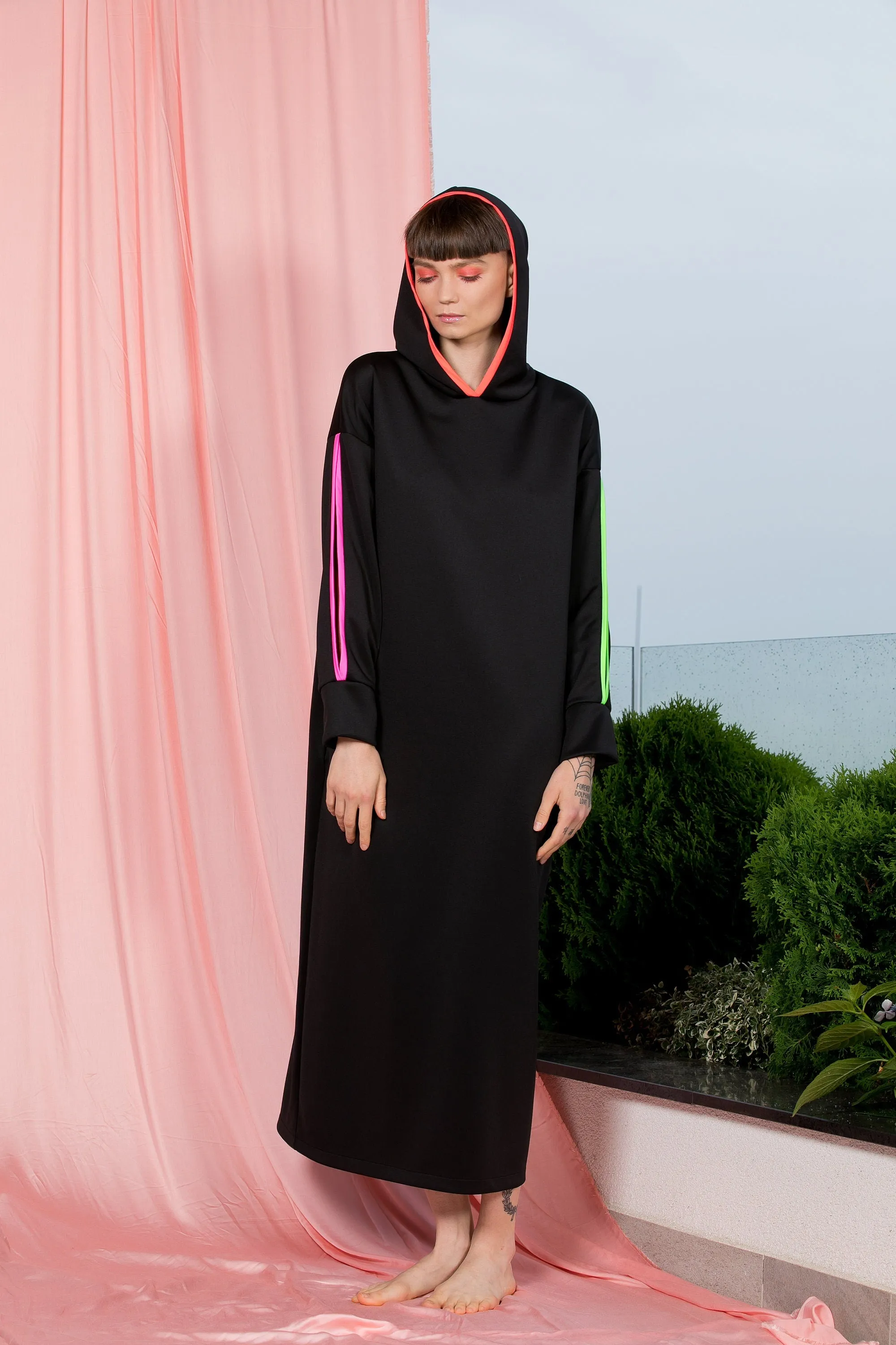 Hooded Festival Dress, Black Maxi Dress, Futuristic Clothing, Avant Garde Dress, Pocket Dress, Loose Long Dress, Gothic Dress, Rave Dress