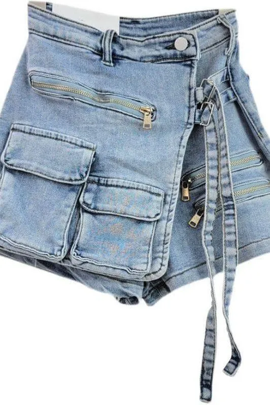 Irregular multi-pocket denim shorts