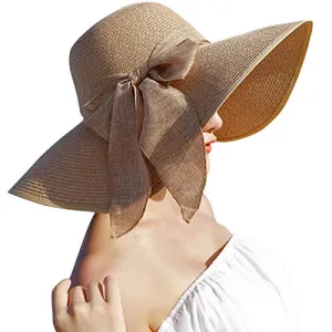 Lanzom Womens Big Bowknot Straw Hat Floppy Foldable Roll up Beach Cap Sun Hat UPF 50  (Khaki)