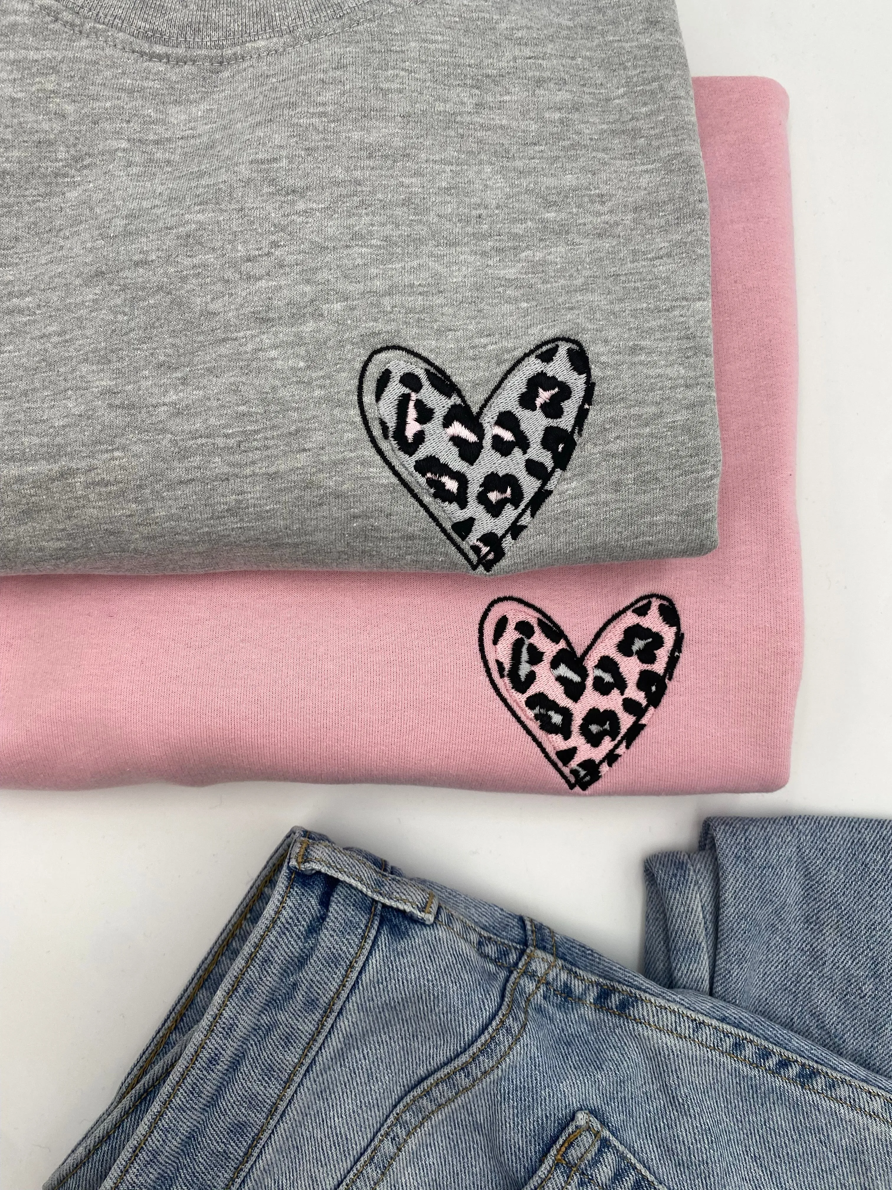 Leopard Print Heart Sweatshirt available in Grey, Lilac, Baby Pink, Baby Blue, Nude, Black and Navy