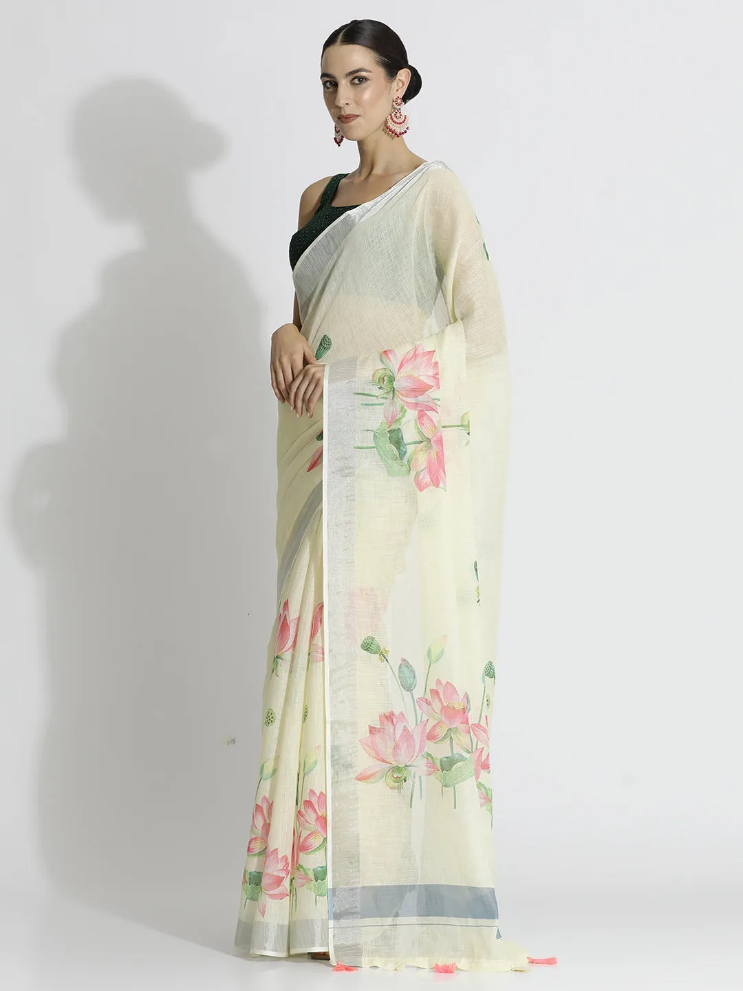 Lotus Floral Printed Daily Wear Pure Linen Saree