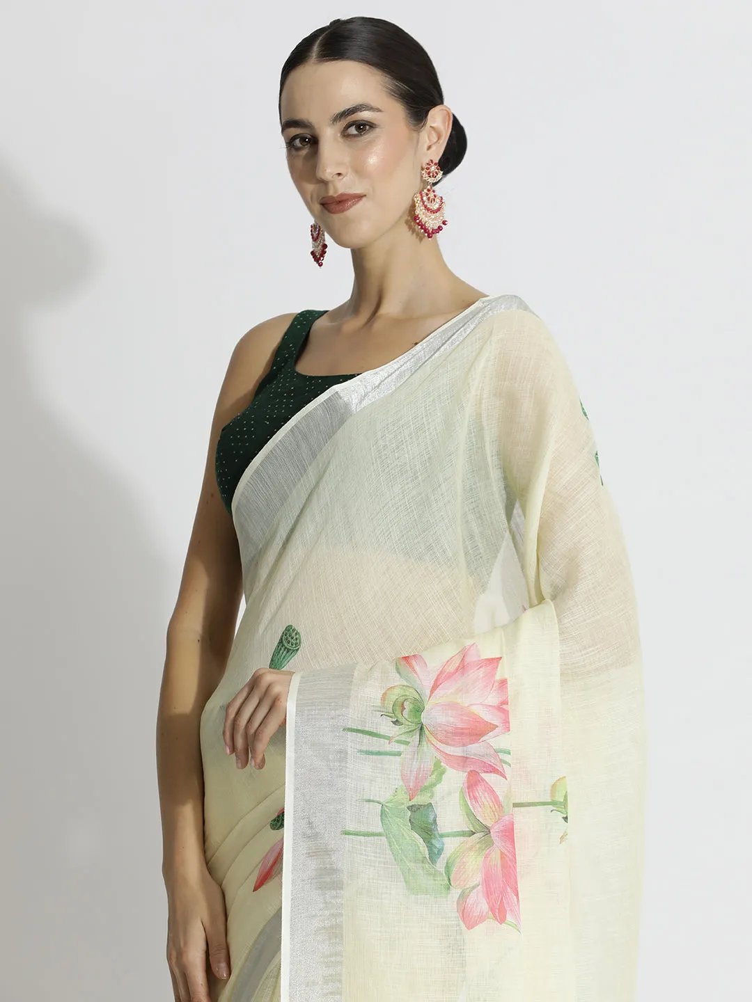 Lotus Floral Printed Daily Wear Pure Linen Saree