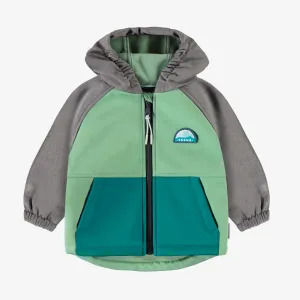 Manteau à capuchon vert, turquoise et gris en coquille souple, bébé || Green, turquoise and grey hooded coat in soft shell, baby