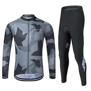 Men's Cycling Jersey Set Long Sleeve MTB Road Bike Clothing with 3D Padded Shorts Breatbale/Quick-Dry Riding Outfit Camo/Black