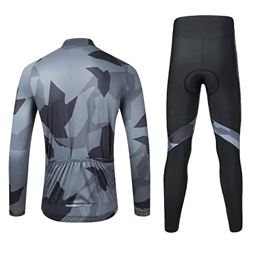 Men's Cycling Jersey Set Long Sleeve MTB Road Bike Clothing with 3D Padded Shorts Breatbale/Quick-Dry Riding Outfit Camo/Black