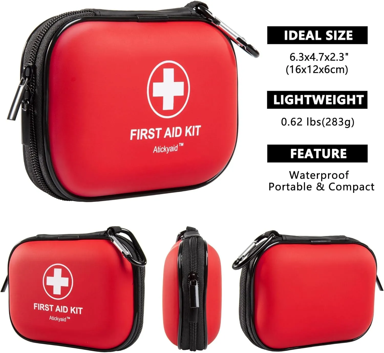 Mini First Aid Kit - 120 Piece Waterproof Hard Shell Medical Kit - Black