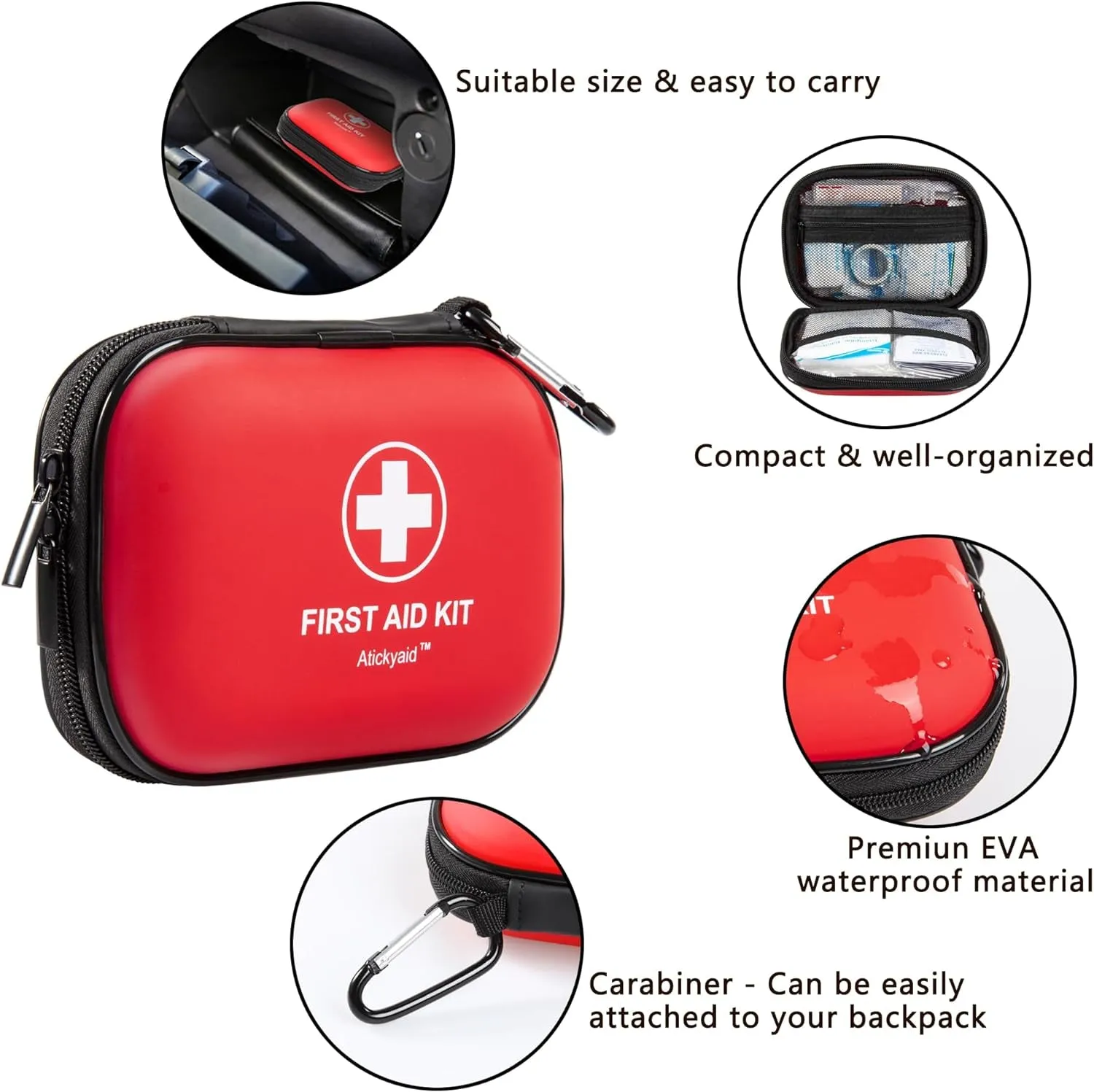 Mini First Aid Kit - 120 Piece Waterproof Hard Shell Medical Kit - Black
