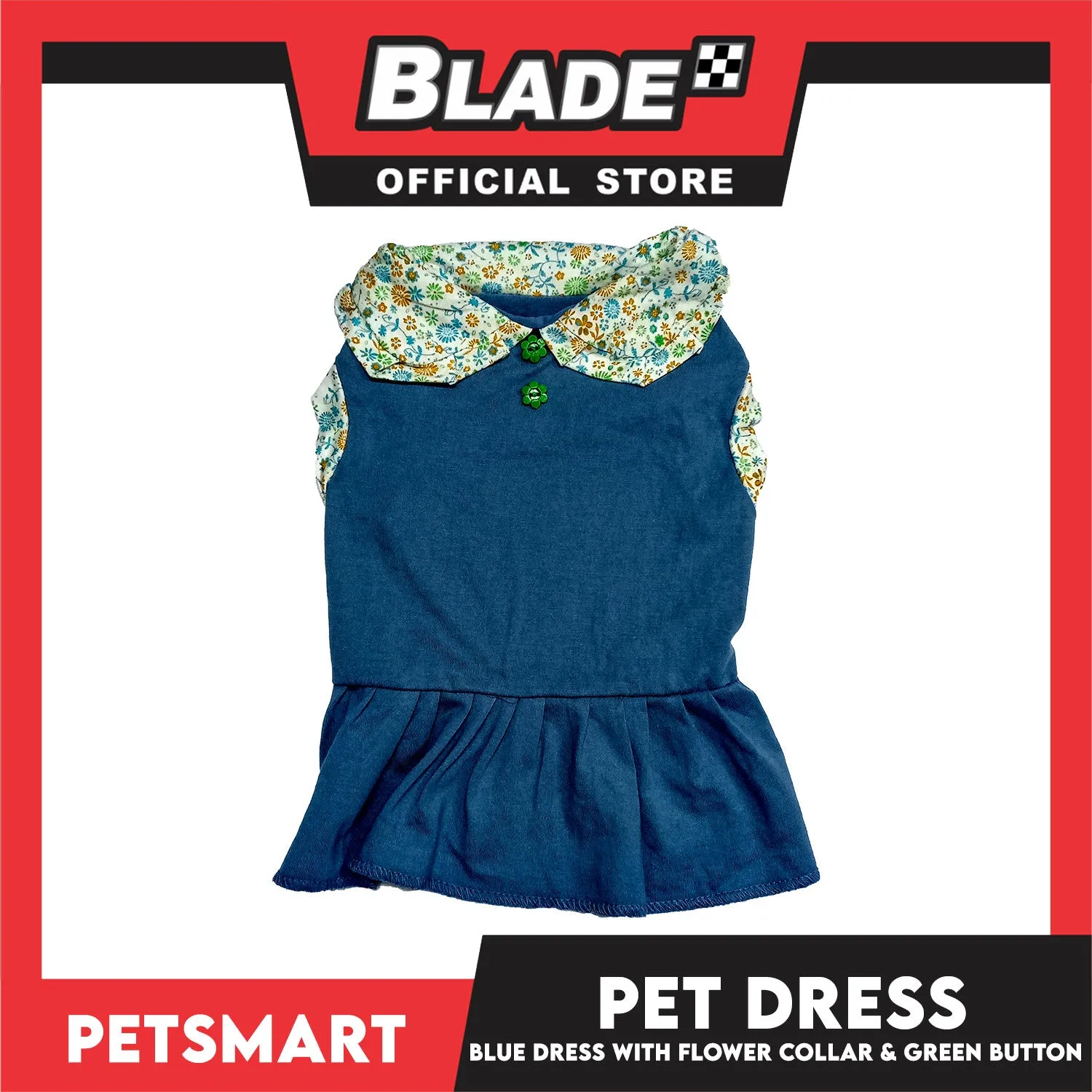 Pet Dress Blue with Flower Collar and Green Button Design DG-CTN185S (Small)