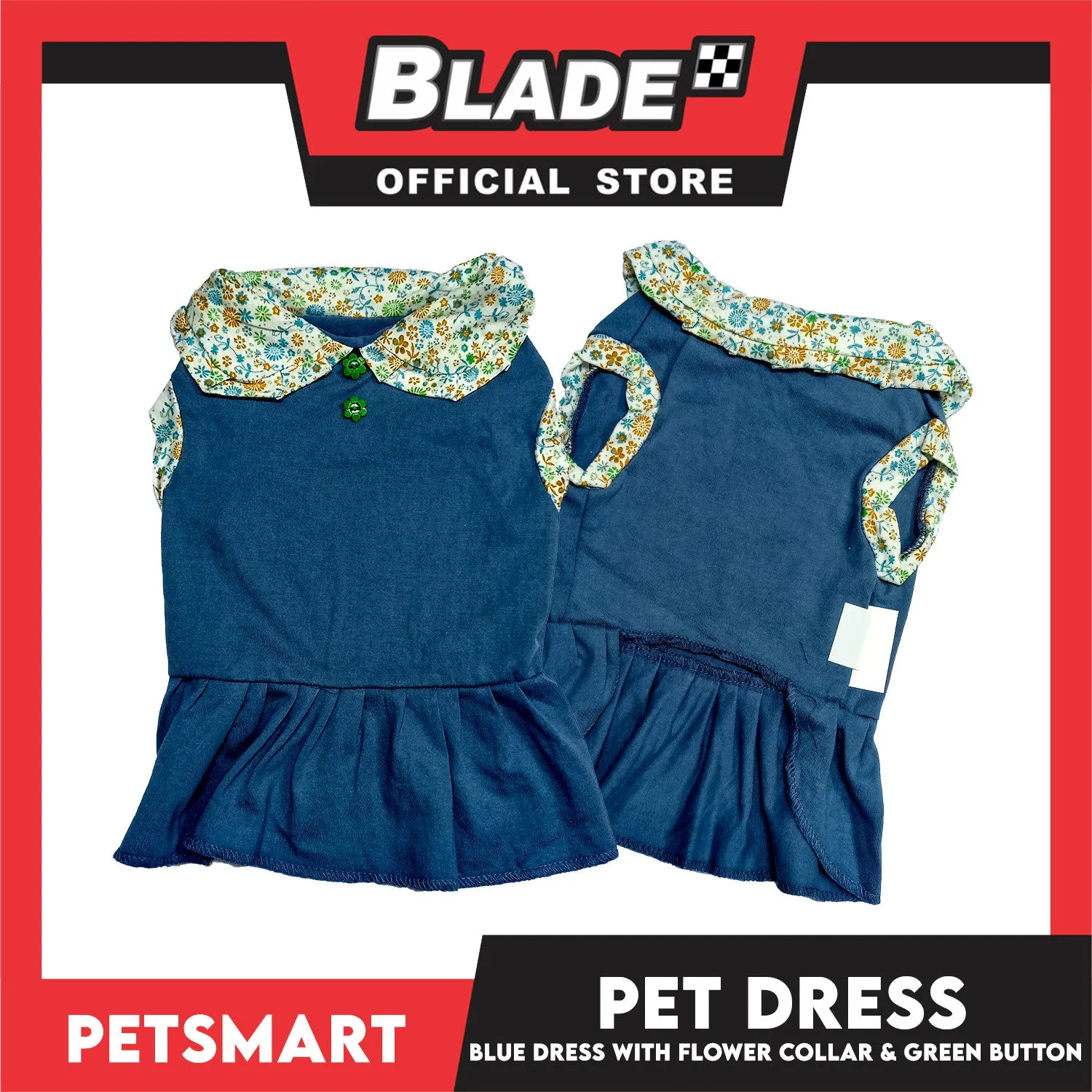 Pet Dress Blue with Flower Collar and Green Button Design DG-CTN185S (Small)